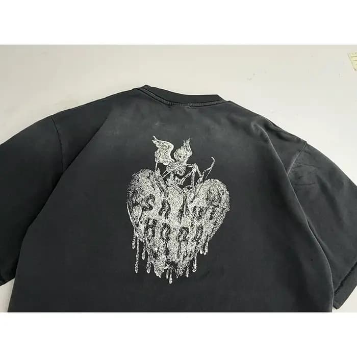 Vintage lavé noir Streetwear Saint capuche T-Shirt hommes femmes surdimensionné ange crâne amour imprimé Splash-encre