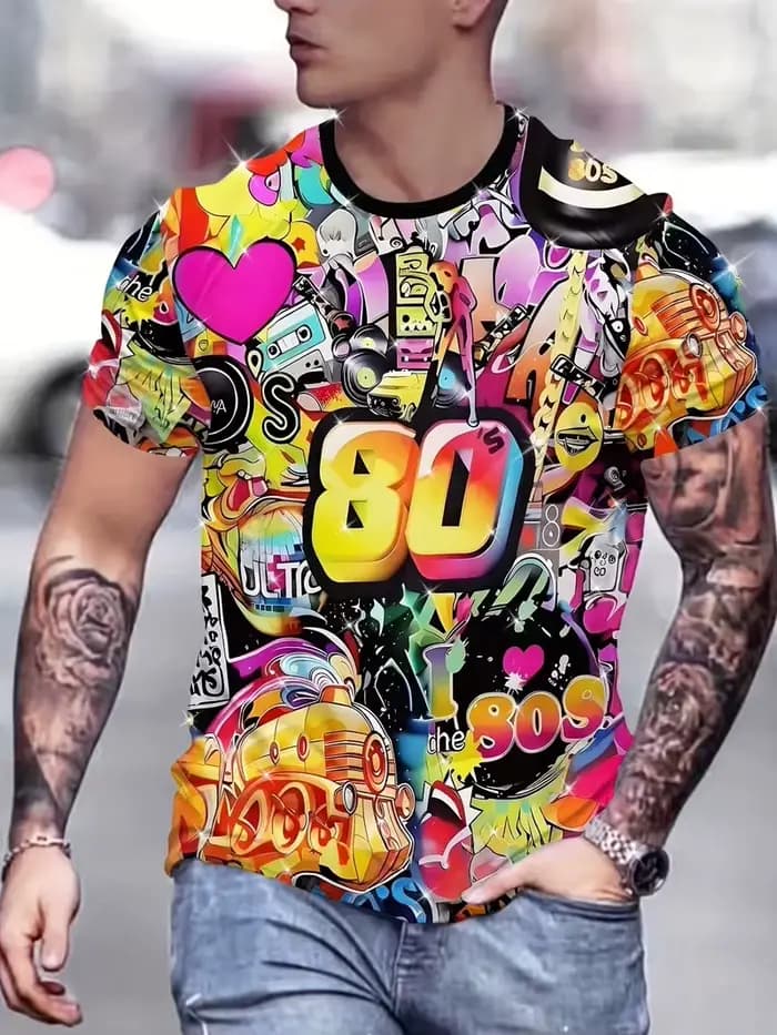T-Shirt manches courtes col rond pour hommes, impression numérique 3D rétro des années 80, Design de