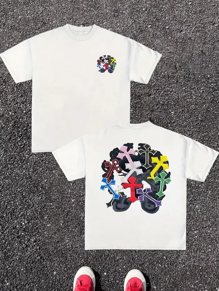T-shirt unisexe en coton pur style streetwear Harajuku, imprimé numérique double face, motif croix c
