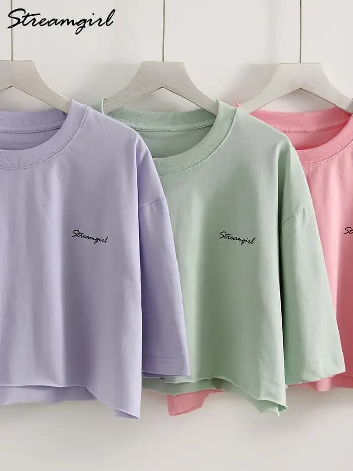 Blanc coton culture t-shirts pour femmes coupe ample été Sexy Baggy haut court t-shirt à manches courtes surdimensionné