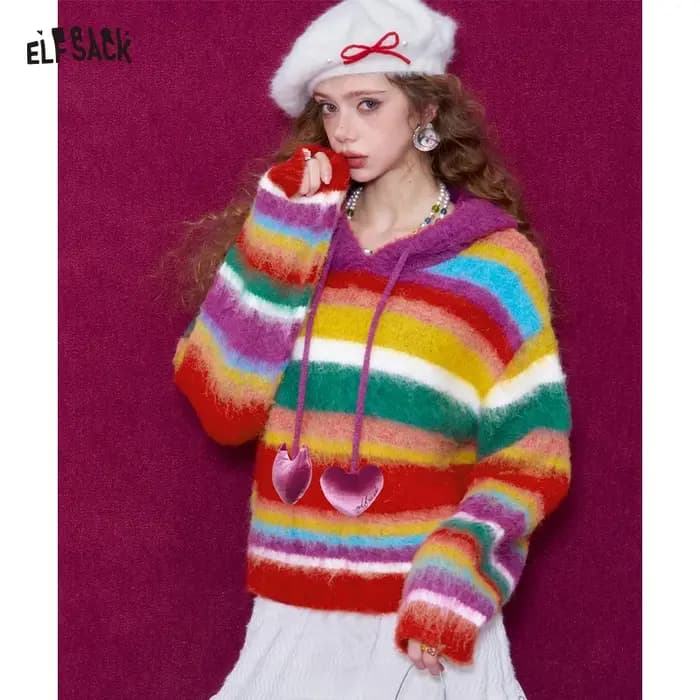 Sweat à capuche moelleux arc-en-ciel ELFSACK pour femmes