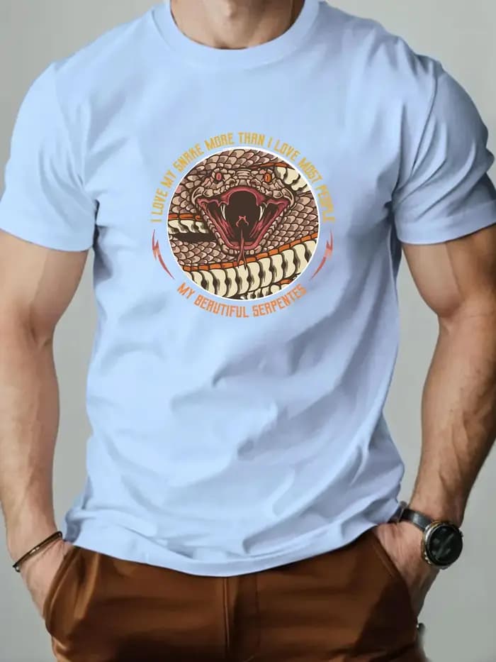 T-Shirt homme 100% coton dessin animé Animal serpent imprimé été surdimensionné col rond respirant décontracté manches