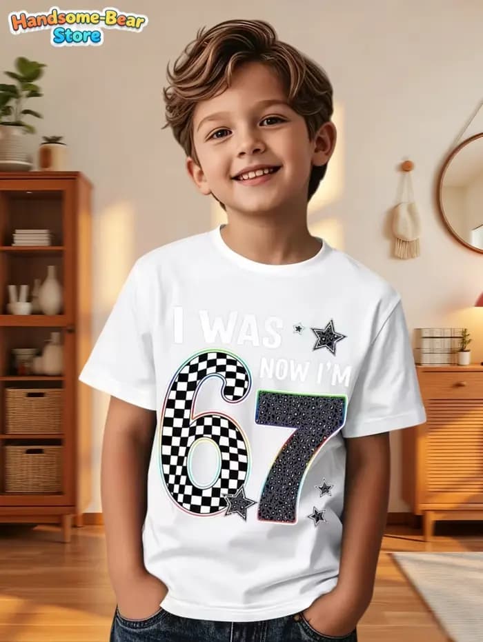 67 Meme T-Shirt pour enfants 6-7 ans cadeaux de fête d'anniversaire été à manches courtes t-shirts col rond graphique