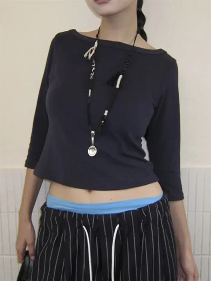 Simple trois quarts manches T-shirts femme automne solide basique Slash cou coton mince haut court