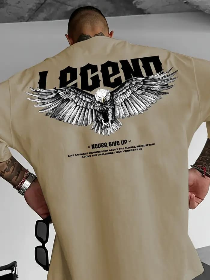 T-shirt pour homme en coton 100% doux de qualité supérieure avec impression de texte gothique « Eagle Legend »