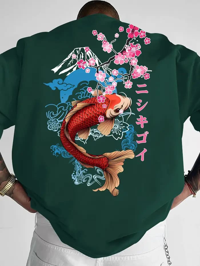 T-shirt à imprimé graphique Sakura et poisson Koi pour homme
