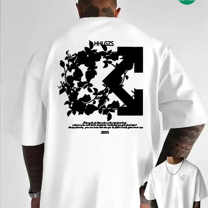 T-shirt Homme Imprimé Floral Flèche 100% Coton Grande Taille Respirant Décontracté Streetwear – Nouvelle Collection Promotionnelle