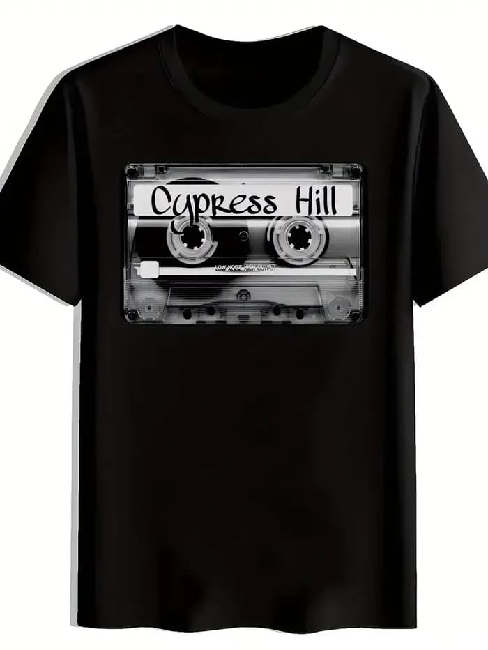 T-shirt graphique vintage pour hommes, imprimé groupe de rock « Cypress Hill », noir, polyester, col