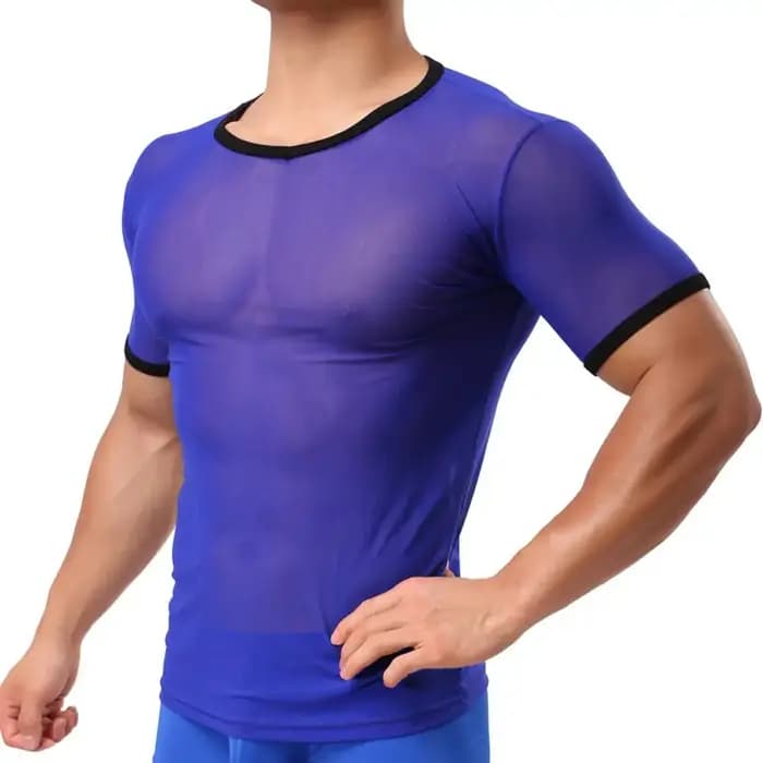Grande taille hommes T-shirt col rond à manches courtes mince couleur unie T-shirt transparent évide