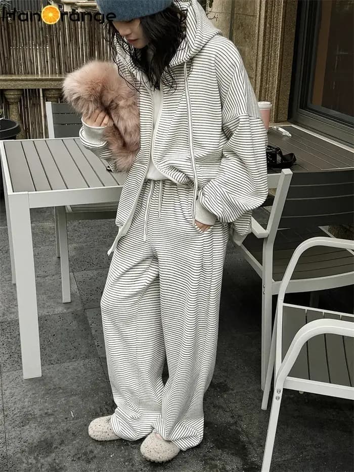 Printemps rétro contrasté rayé sweat à capuche avec fermeture éclair femmes Silhouette ample haut