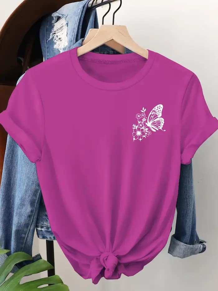Orange vif avec papillon blanc imprimé T-shirt fille dessin animé unisexe hauts à manches courtes Streetwear femmes col rond t-shirts femme
