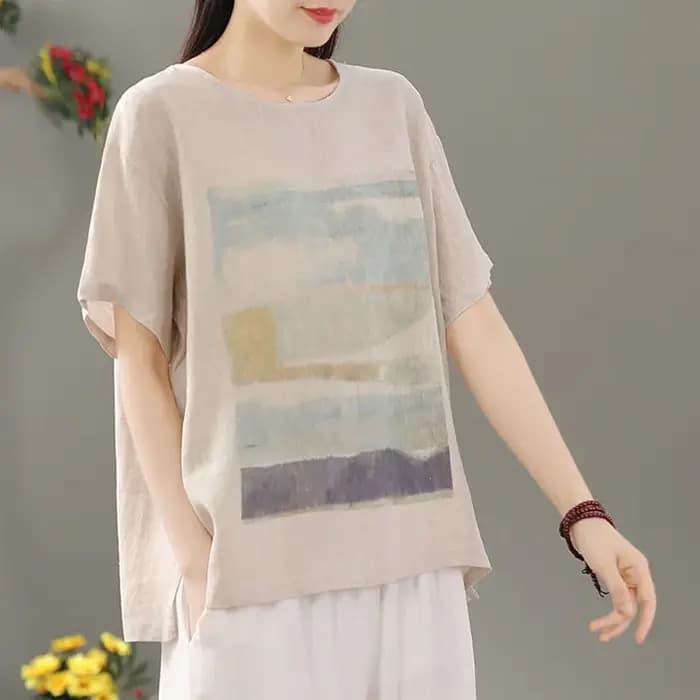 Blanc cravate colorant Art impression coton lin col rond manches courtes T-Shirt femmes Blouse chemise mode coréenne femme vêtements hauts