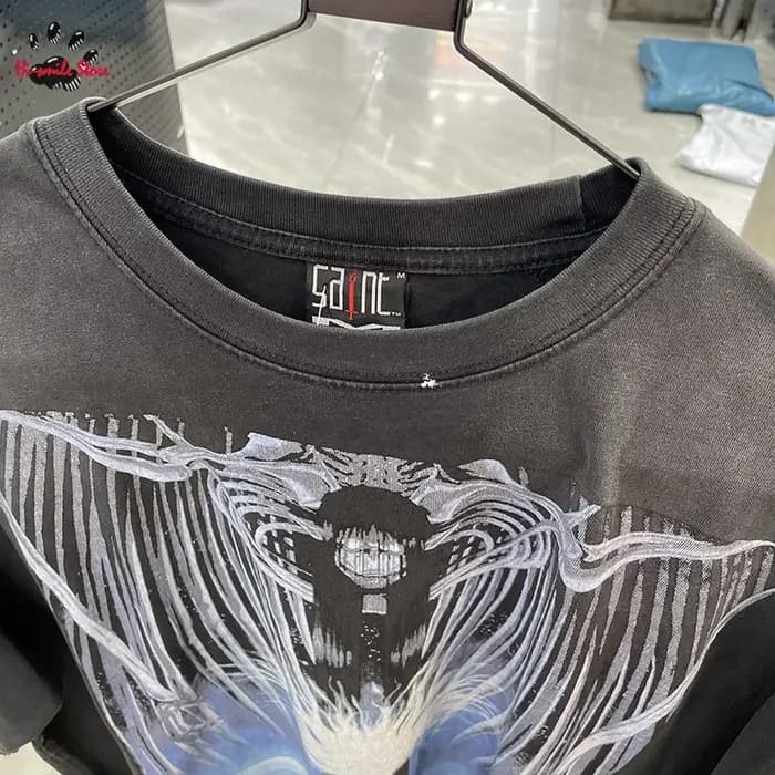 T-shirt Rétro Streetwear Saint Homme Femme Noir Délavé Effet Vieilli Imprimé Graphique Manches Courtes Coton Col Rond Printemps Été
