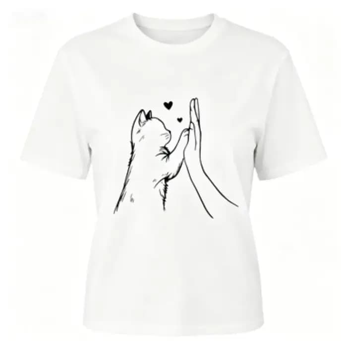 T-shirt, T-shirt graphique avec motif de chat mignon et de main en forme de cœur