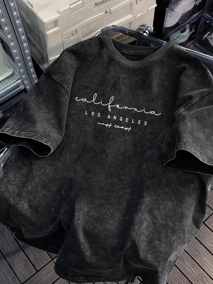 T-shirt d'été pour homme en coton 100% lavé, imprimé lettres simple et tendance, tissu confortable e
