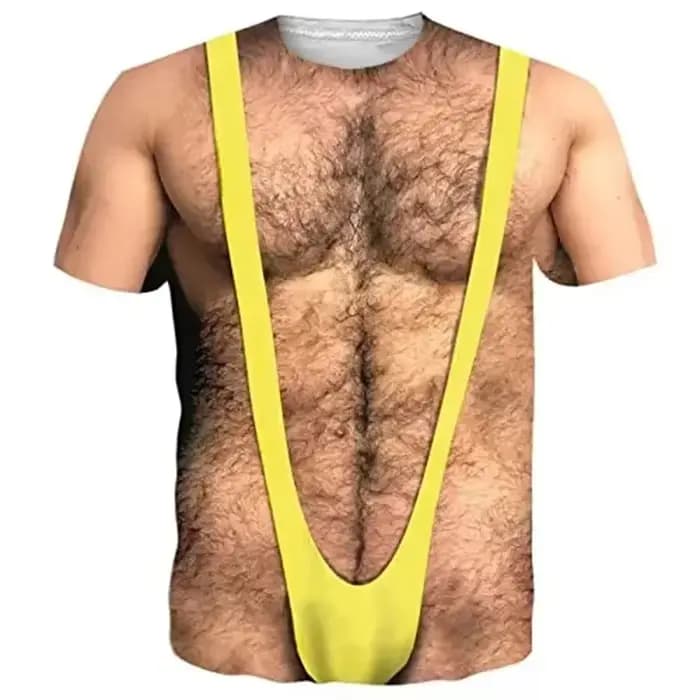 T-shirt graphique drôle pour homme avec poitrine poilue, imprimé 3D, faux abdominaux musclés, manche