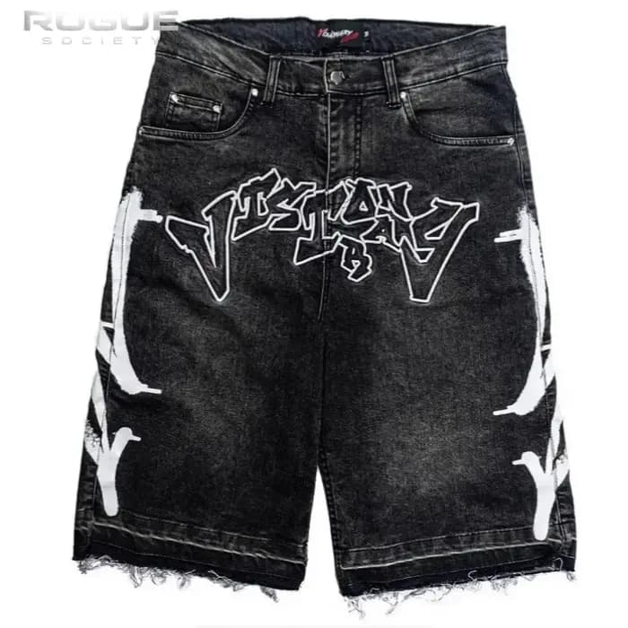 Shorts en jean délavé bleu rétro pour homme, style Y2K, avec ourlet effiloché, motif graffiti, stree