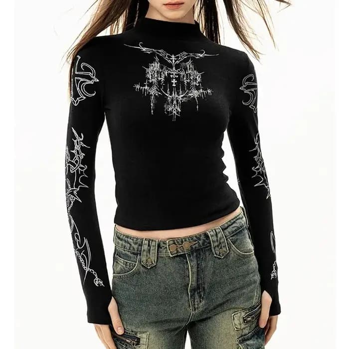 Grunge femmes T-Shirt Y2k esthétique col mi-haut t-shirts imprimé graphique à manches longues hauts transparents Punk Alternative culture hauts EMO