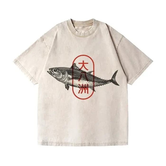Mode d'été 100% coton lavé acide T-shirts hommes grandes huit îles du japon thon poisson Vintage lav