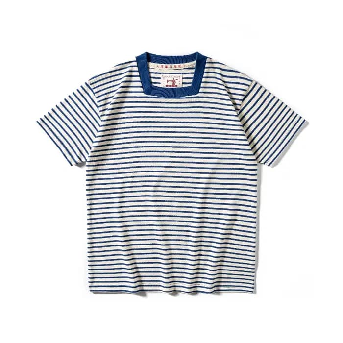 T-shirt rayé à col carré original, T-shirt pour hommes en pur coton lourd, chemise rétro lavée avec