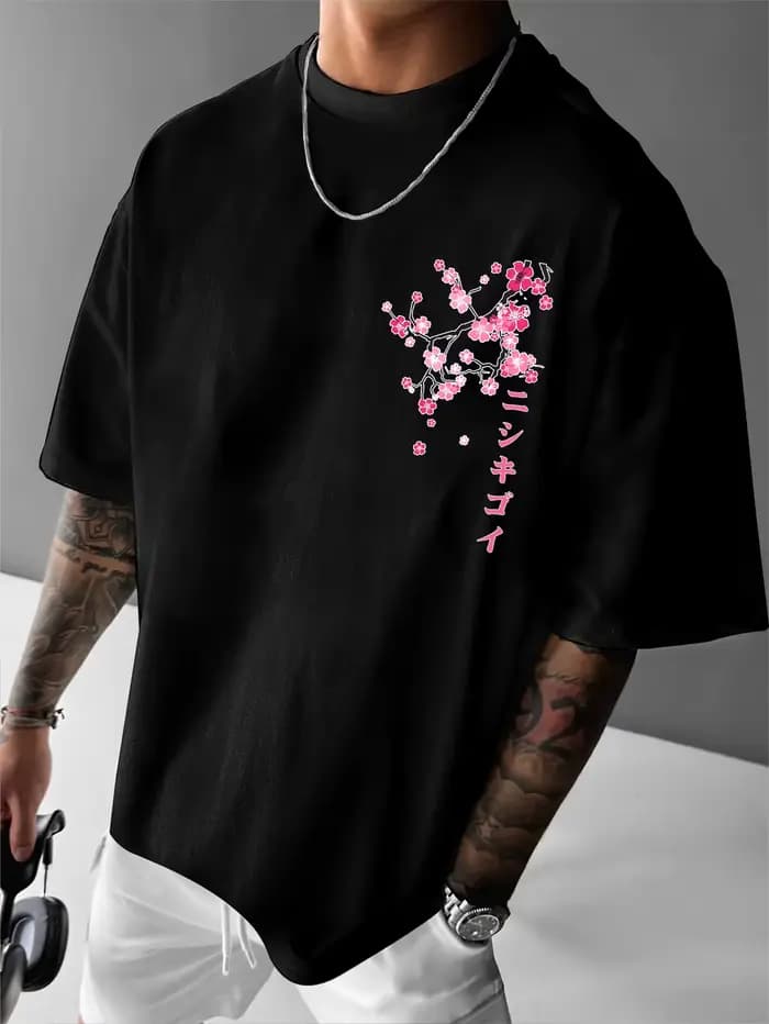 T-shirt à imprimé graphique Sakura et poisson Koi pour homme