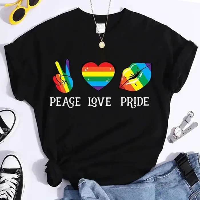 T-shirt manches courtes col rond femme, Peace Love Pride, coloré, imprimé