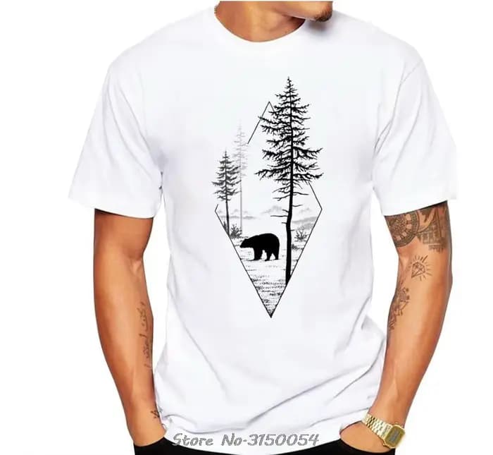 T-shirt à manches courtes imprimé ours de la forêt pour hommes, t-shirts à col rond, t-shirts Haraju