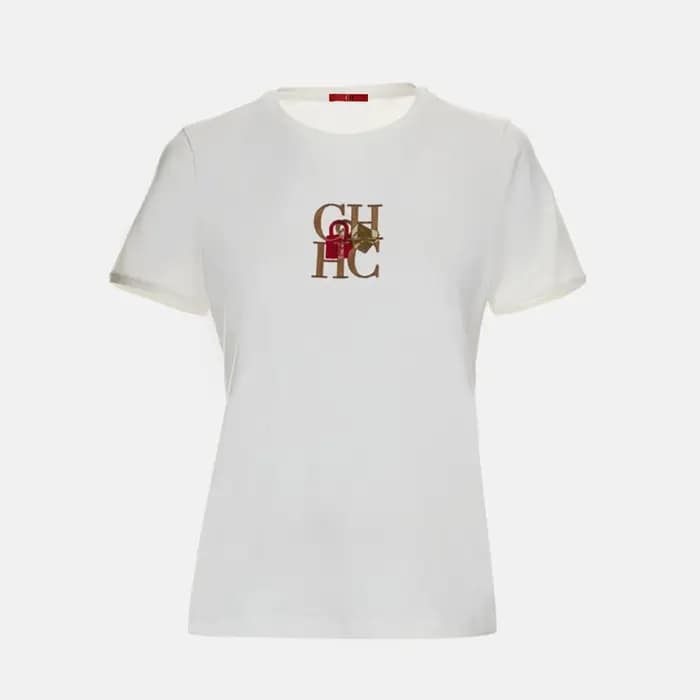 T-shirt col rond pour femme CH, broderie lettre, manches courtes, coton doux, coupe ajustée, tenue q
