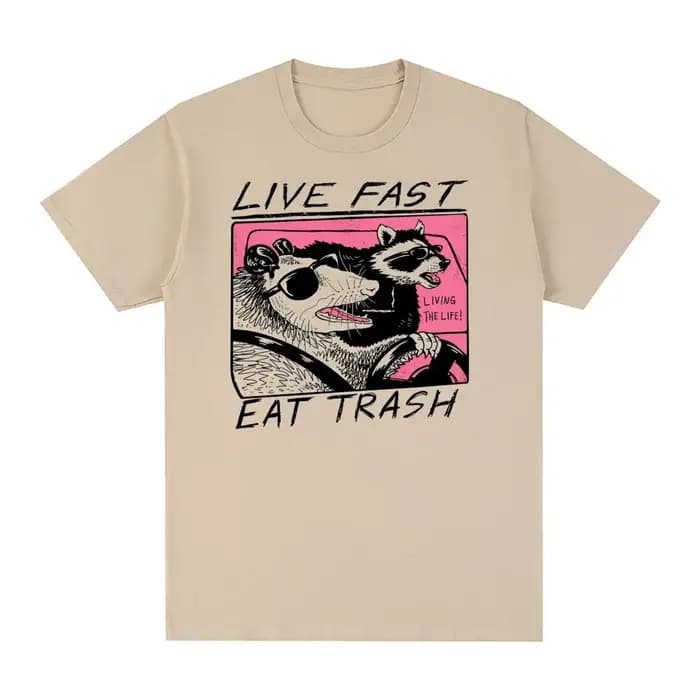 T-shirt décontracté en coton pour hommes et femmes, vêtements d'été cool, Live Fast Eat Trash, Vinta