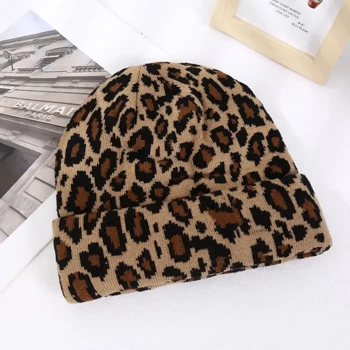 Bonnet tricoté doux imprimé léopard style Y2K