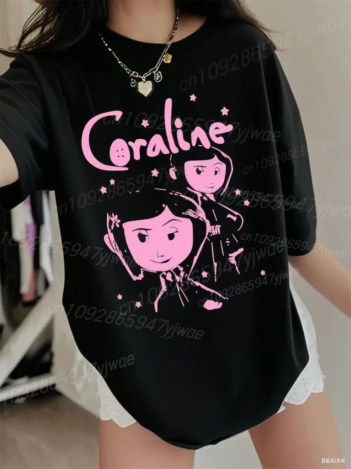 T-Shirt en coton de haute qualité pour femmes Coraline graphique 3d à manches courtes col rond ample et respirant confortable Streetwear haut décontracté