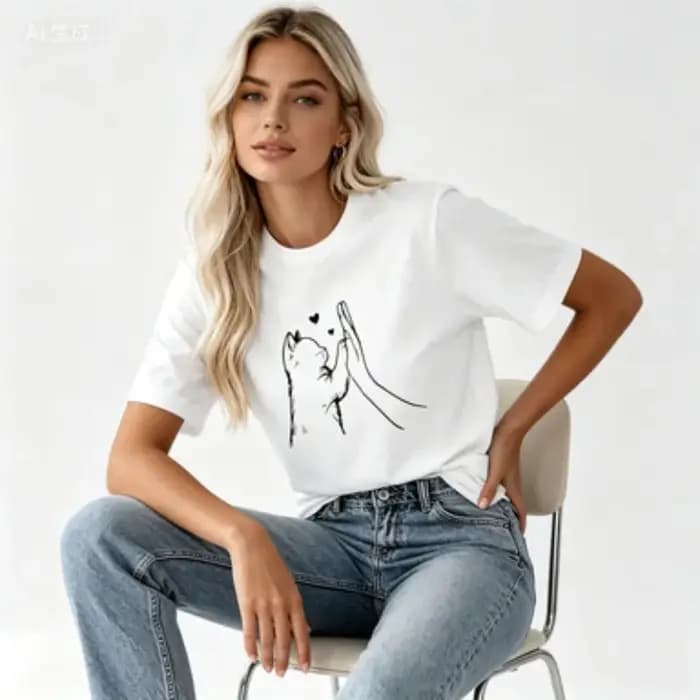 T-shirt, T-shirt graphique avec motif de chat mignon et de main en forme de cœur