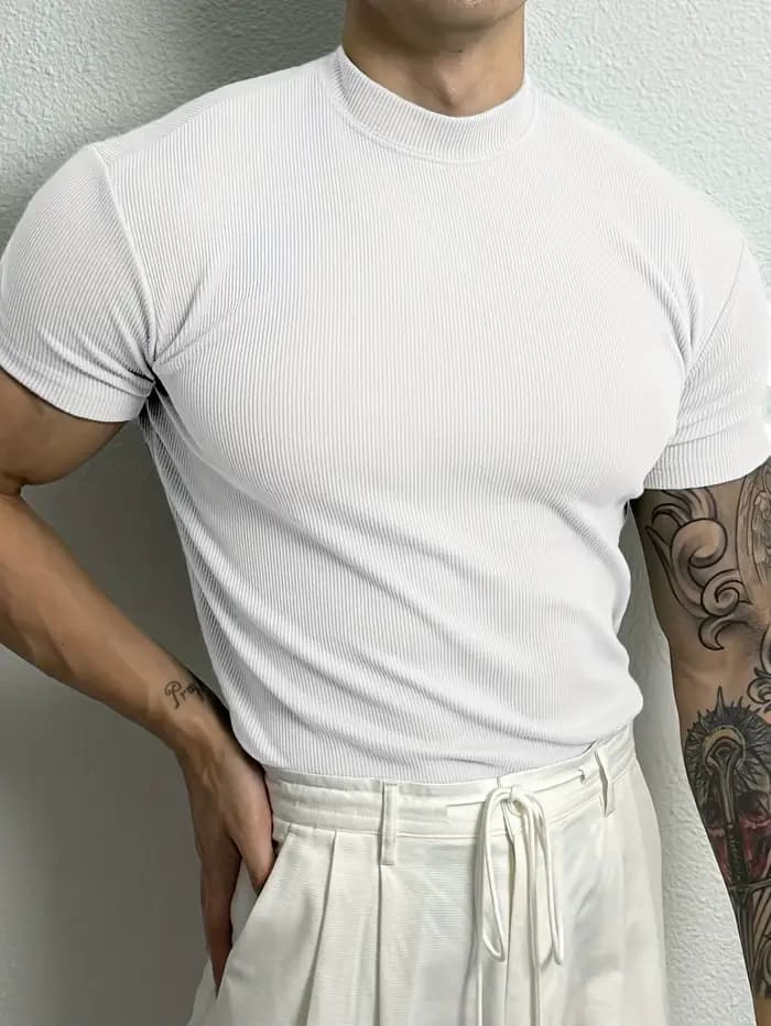 Nouveau T-shirt homme tendance 2026 – Haut de sport à col montant rayé