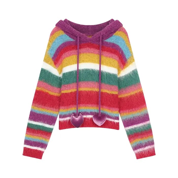 Sweat à capuche moelleux arc-en-ciel ELFSACK pour femmes, surdimensionné, style Y2K, avec breloque e
