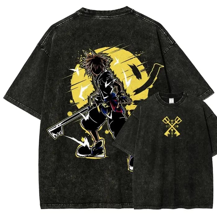 T-shirt en coton surdimensionné double face lavé, imprimé anime Kingdom Hearts Sora, motif Cœur, Cou