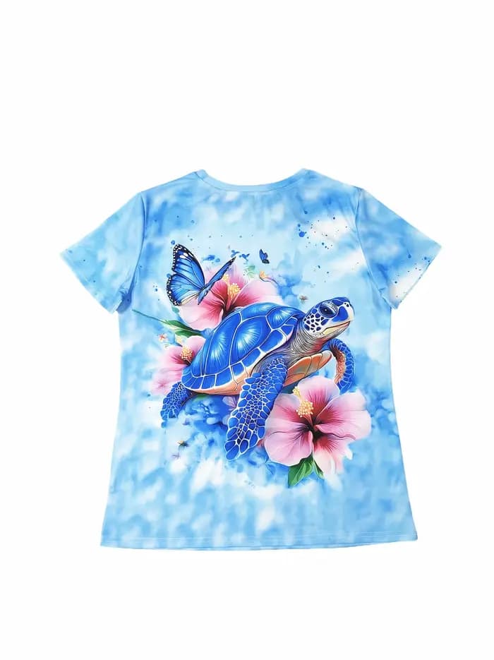 T-shirt pour femme bleu clair - Motif tortue bleue et hibiscus