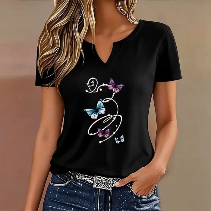 T-shirt graphique coloré à col en V pour femme, décontracté et tendance, à manches courtes, pour l'é