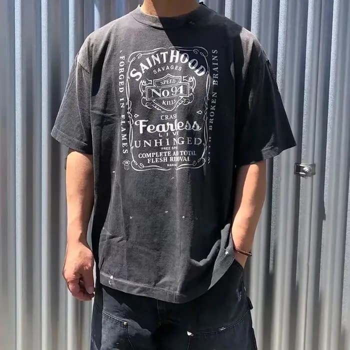 Vintage lavé noir Streetwear Saint capuche T-Shirt hommes femmes surdimensionné ange crâne amour imprimé Splash-encre