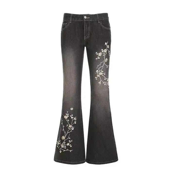 Jean vintage coupe bootcut taille basse pour femme, style urbain, effet amincissant, broderie végéta