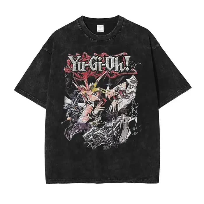 T-shirts Anime Yu-Gi-Oh Vintage Noir Délavé Magicien Ample Y2K Streetwear Manga Yugi Mutou Manches Courtes Hauts Décontractés