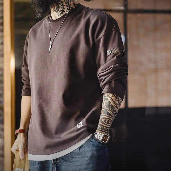 Maden T-shirt vintage à col en V pour homme, manches longues, couleur unie, pull basique décontracté en tricot pour le printemps et l'automne