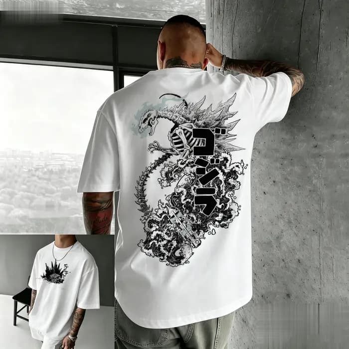 Nouveau t-shirt américain rétro en coton à manches courtes avec imprimé Godzilla