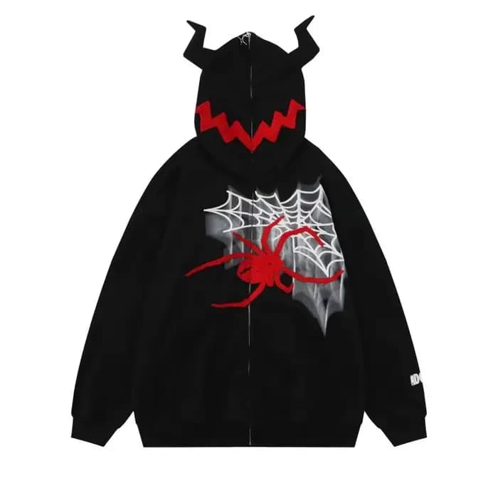 Y2K sweat à capuche zippé Harajuku Hip Hop graphiques brodés cornes du diable
