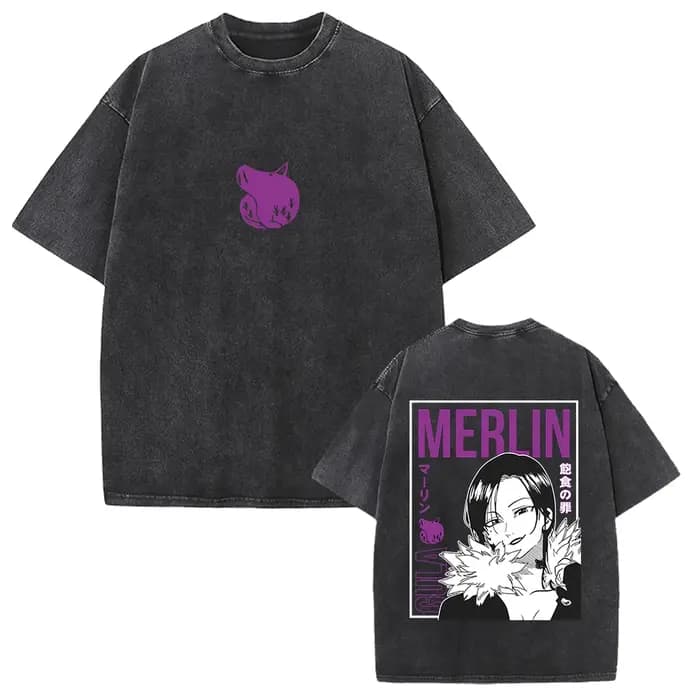 Merlin les sept péchés capitaux graphique T-shirt Manga Vintage lavé surdimensionné