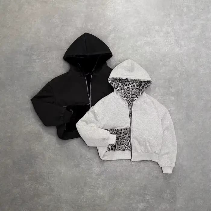 Sweat à capuche léopard rétro avec fermeture éclair