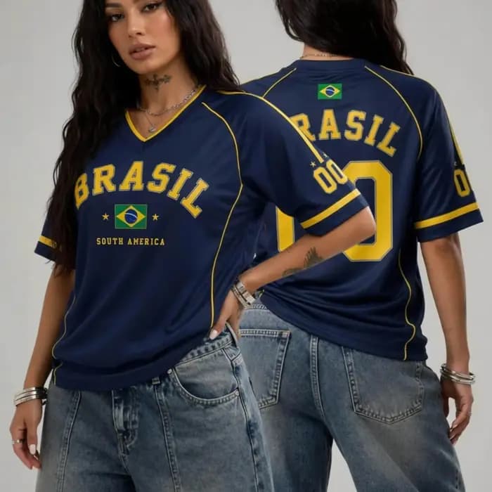 Nouveau T-shirt 2026 Thème Brésilien BRASIL Col en V Coupe Ample Couleurs Classiques Style Unisexe p