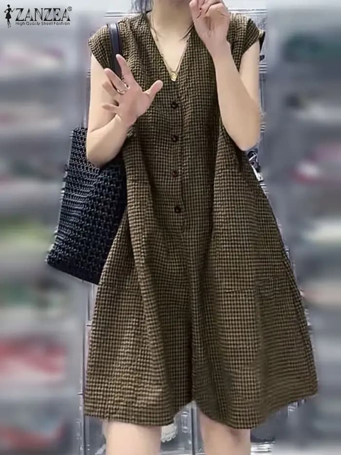 Vinatge femmes combinaisons salopette 2025 ZANZEA été col en v sans manches barboteuses à carreaux travail décontracté OL combishorts amples surdimensionné