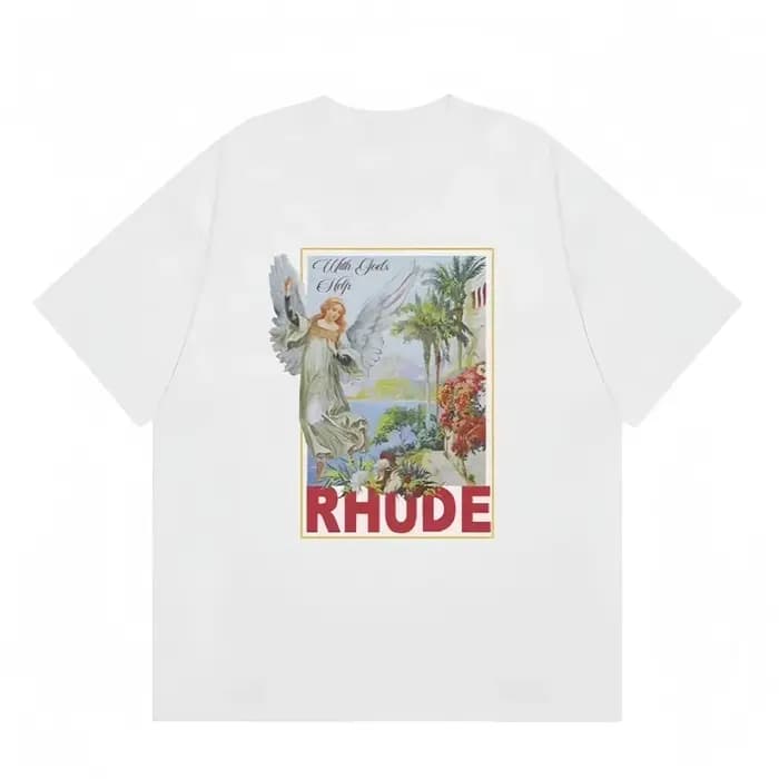 RHUDE T-shirt à manches courtes et col rond pour homme, style décontracté, imprimé haute définition,
