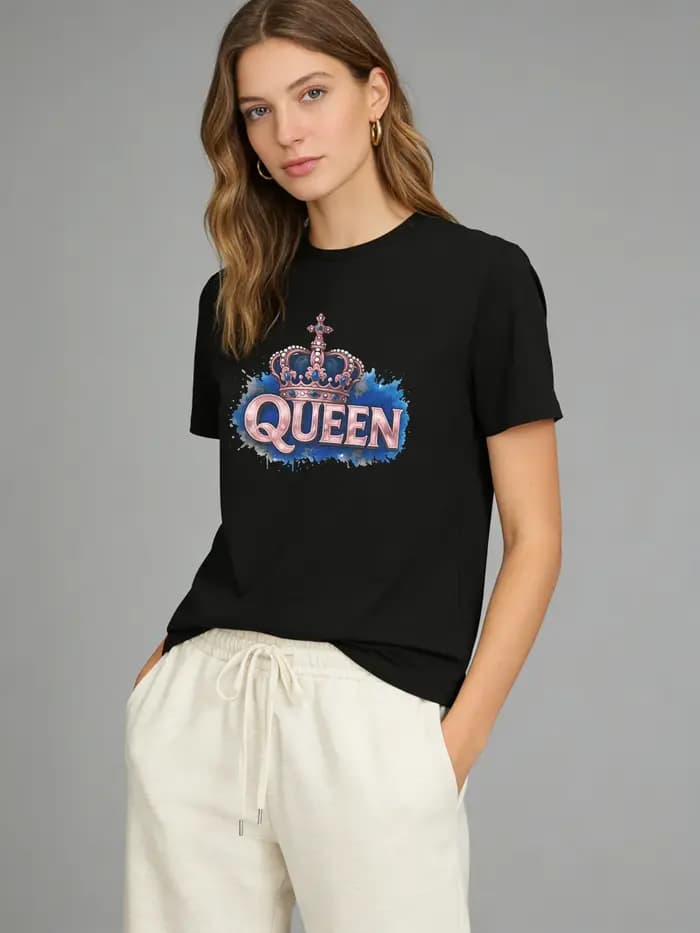 T-shirt Queen Crown pour femmes, rose et bleu, avec image graphique, décontracté, col rond, manches