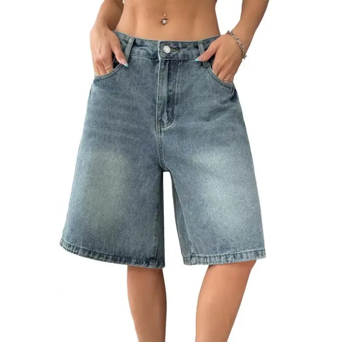 Shorts en jean Bermuda pour femme, taille haute, longueur genou, coupe ample, respirant, avec poches